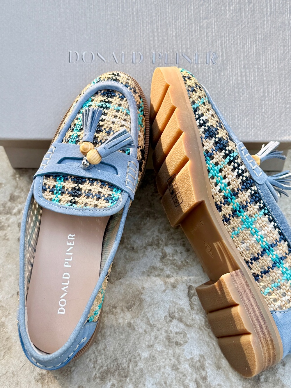 Donald J. Pliner “Lenny” Woven Raffia Tassel Loafer in Pastel Blue